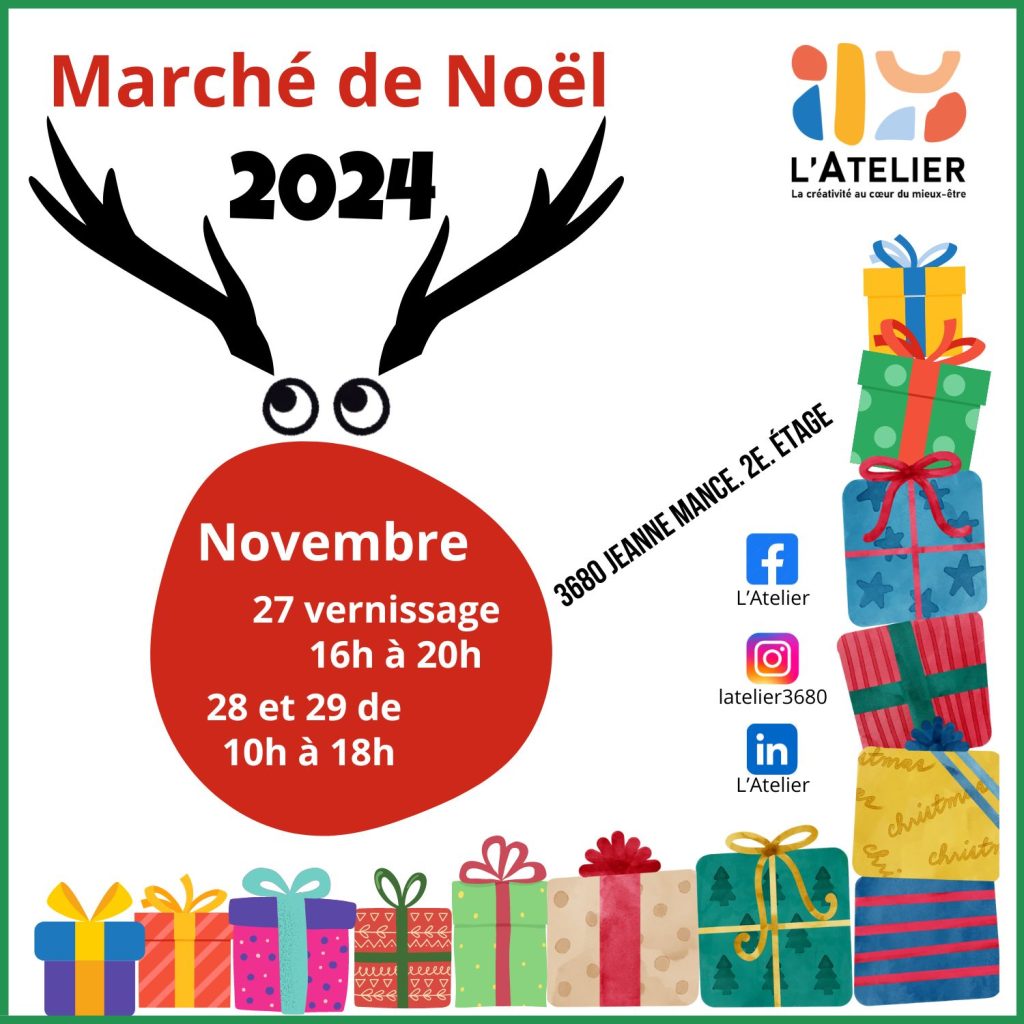 Le traditionnel marché de Noël de L'Atelier se tiendra prochainement
Soit du 28 au 30 novembre.
 
Ce sera l'occasion de magasiner des pièces uniques et originales ainsi que de contribuer à une belle mission sociale. 

Toutes les créations sont réalisées ici même par nos participant.e.s
